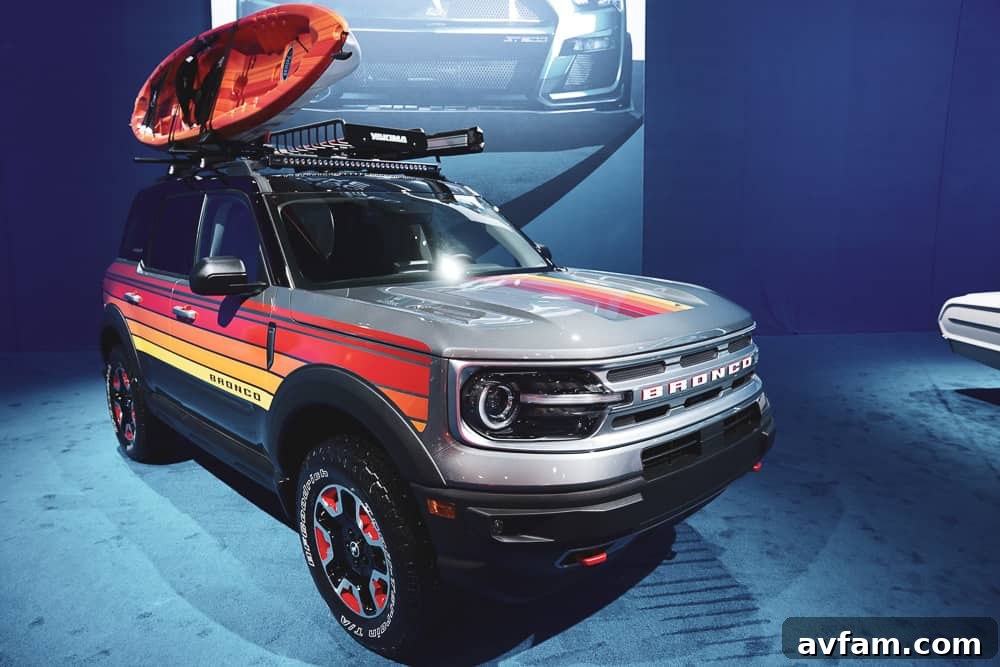 Custom Ford Bronco at SEMA Bright orange Ford Bronco showcasing a vibrant custom build at SEMA