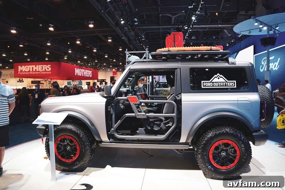 Custom Ford Bronco at SEMA Retro-inspired Ford Bronco with classic styling cues and modern off-road capabilities at SEMA