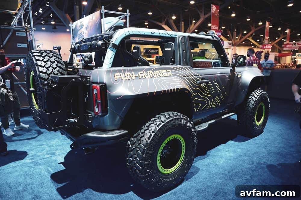 Custom Ford Bronco at SEMA Unique custom Ford Bronco with a distinctive color scheme and aftermarket parts at SEMA