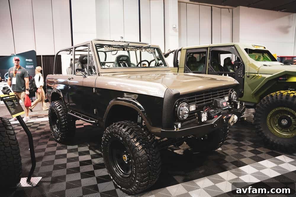 Custom Ford Bronco at SEMA Ford Bronco featuring a robust front bumper and auxiliary lighting for night trails at SEMA