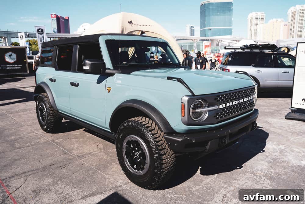 Custom Ford Bronco at SEMA Ford Bronco with an overland-style roof rack and additional fuel canisters at SEMA