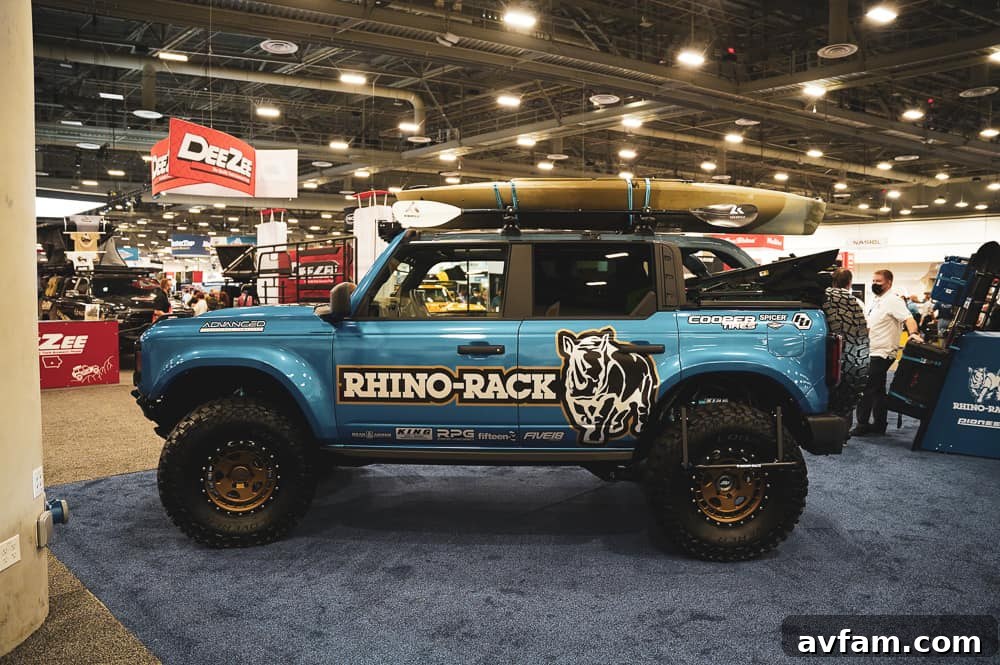 Custom Ford Bronco at SEMA Black Ford Bronco with lifted suspension and aftermarket bumper at SEMA
