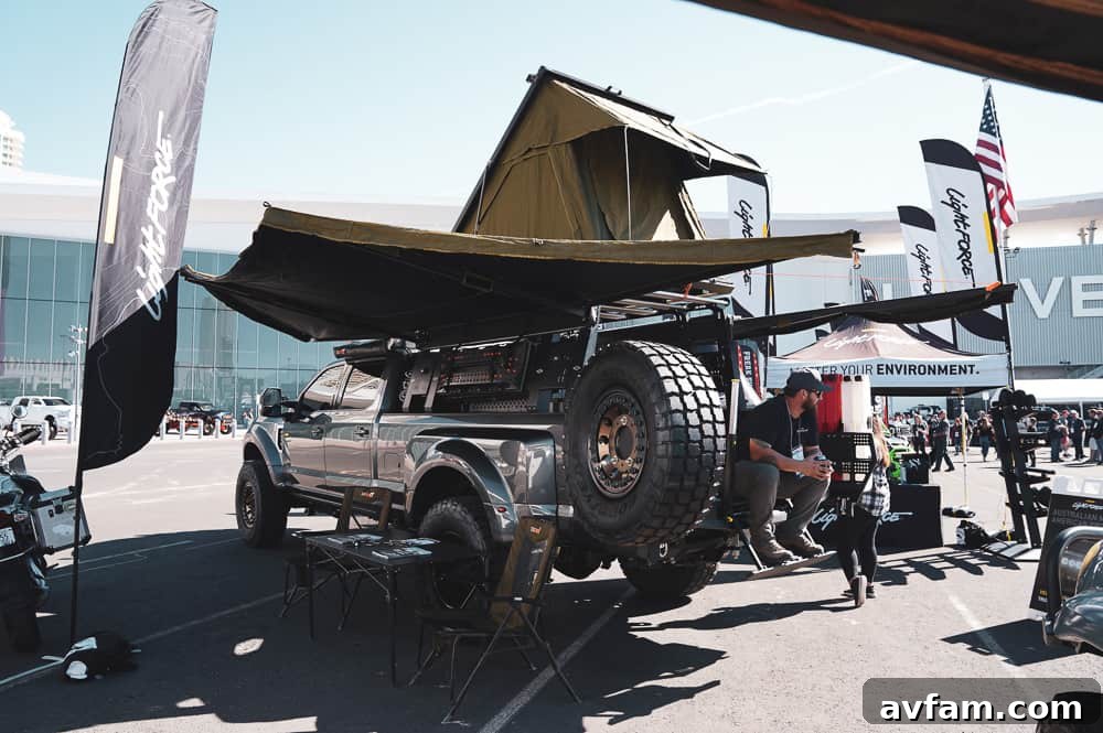A unique custom off-road vehicle with an exposed chassis and specialized racing components at SEMA.