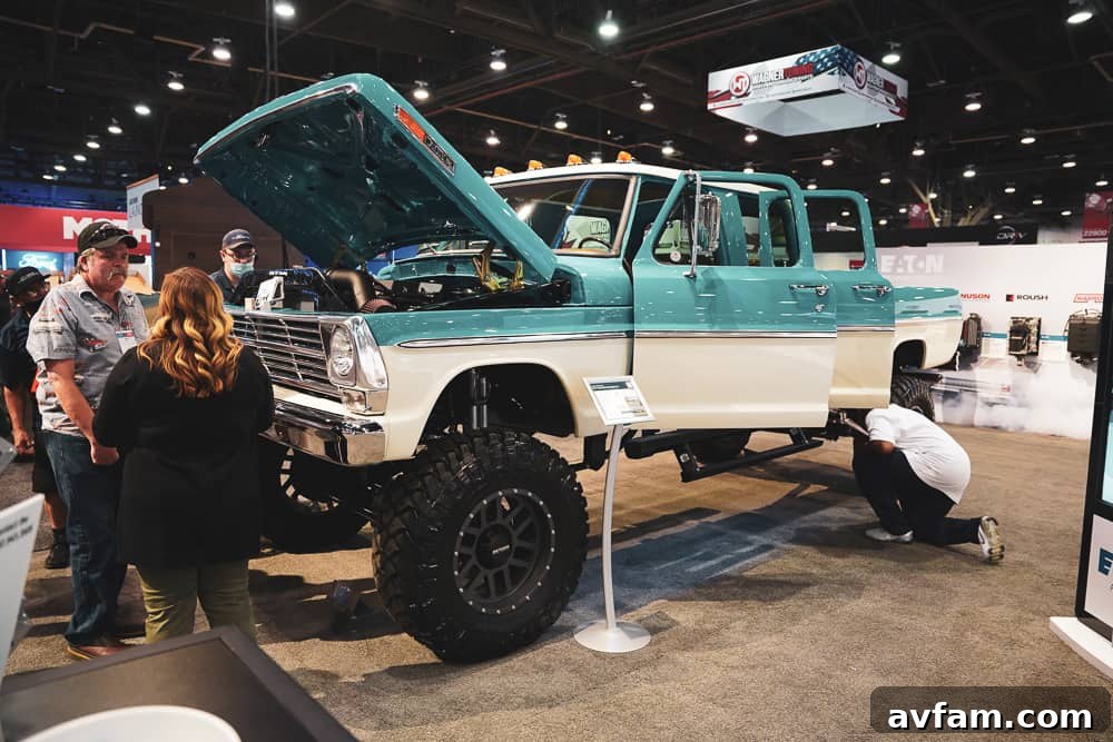A classic custom truck, expertly restored with modern amenities and a gleaming two-tone paint job.