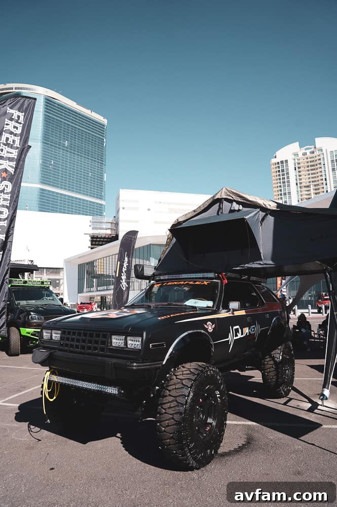 Detailed shot of an intricately designed wheel and tire combination on a custom vehicle at SEMA.
