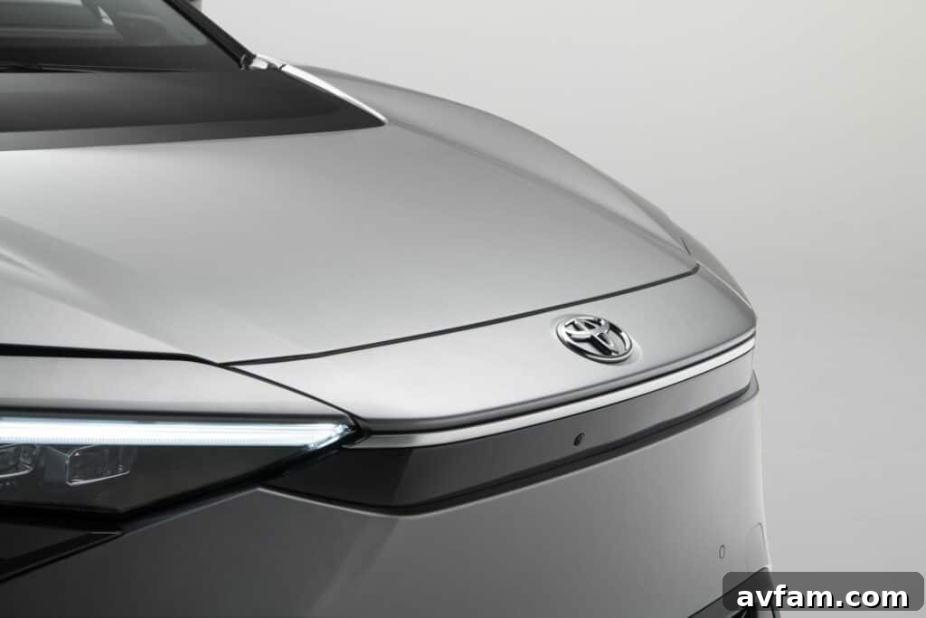 Close-up of the Toyota bZ4X's stout profile and wheel stance