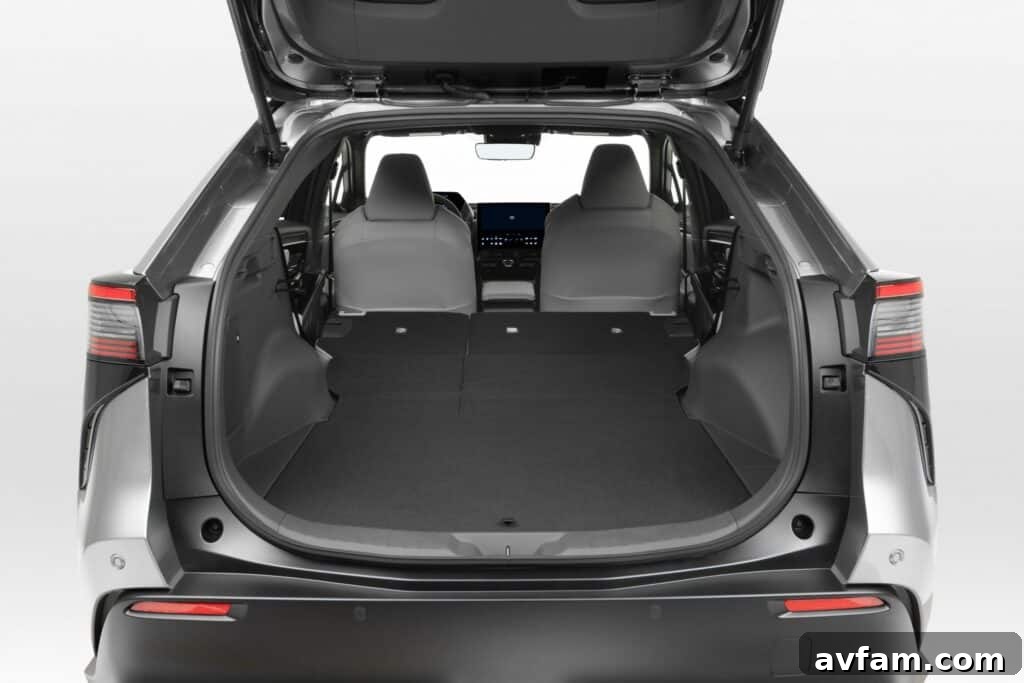View of the Toyota bZ4X's dashboard from the passenger side