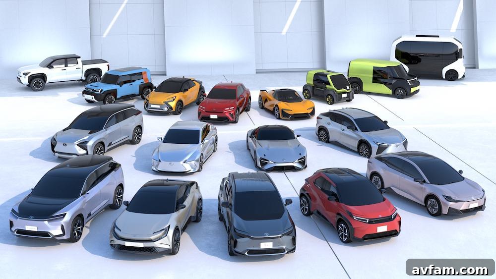 Toyota's diverse range of future BEV concept vehicles including SUVs, sedans, and sports cars