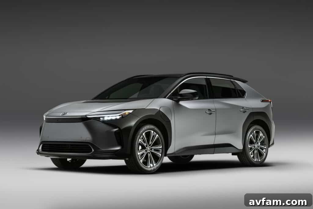 Front quarter view of the Toyota bZ4X's distinctive angular design