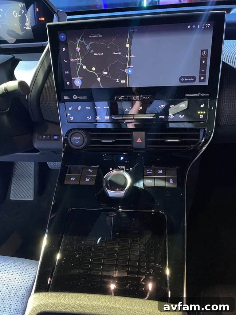 Driver's view from the Toyota bZ4X cockpit, showing the digital instrument cluster