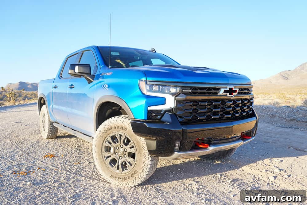 Rear three-quarter view of Chevy Silverado ZR2 in nature