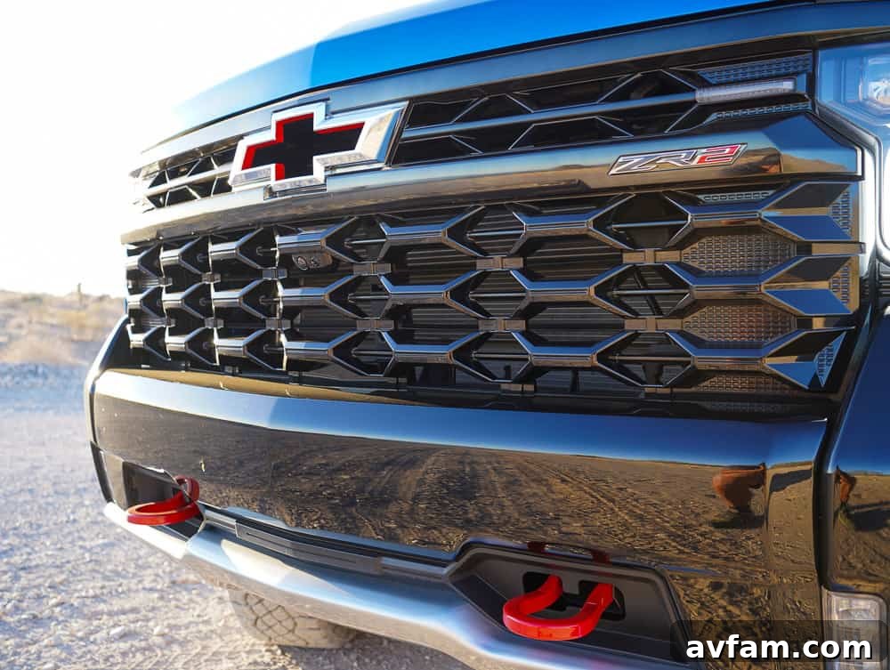 Front view of Chevy Silverado ZR2 with mountains in background