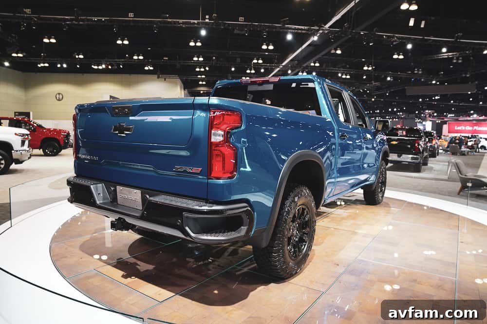Chevy Silverado ZR2 front view with display lighting, LA Auto Show