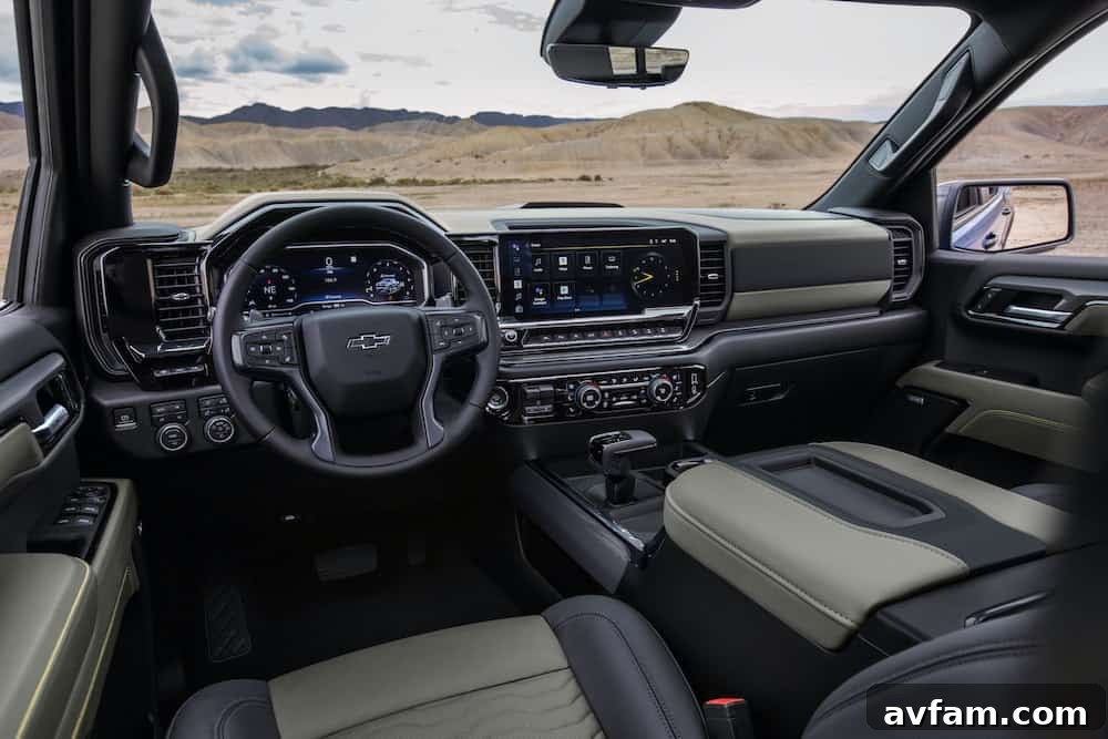 Interior cabin of the 2022 Chevy Silverado 1500 ZR2 with large screens