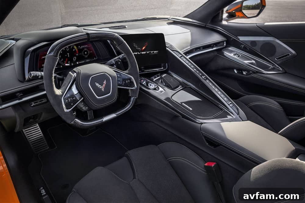 Overview of the central console and infotainment screen in the 2023 Corvette Z06.