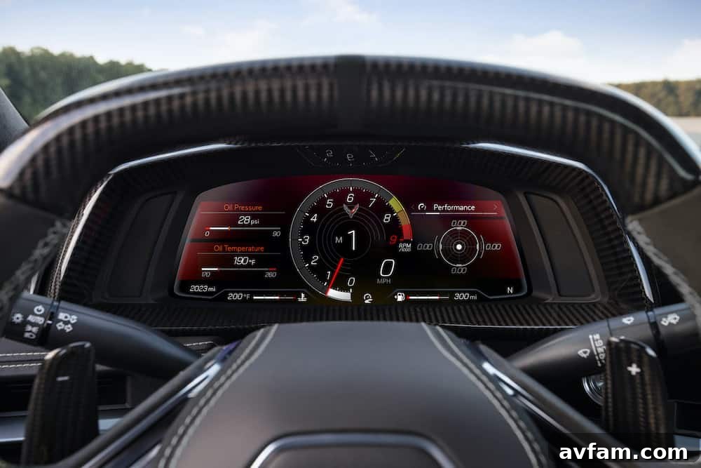 The bucket seats and interior trim of the 2023 Corvette Z06, emphasizing sportiness and comfort.