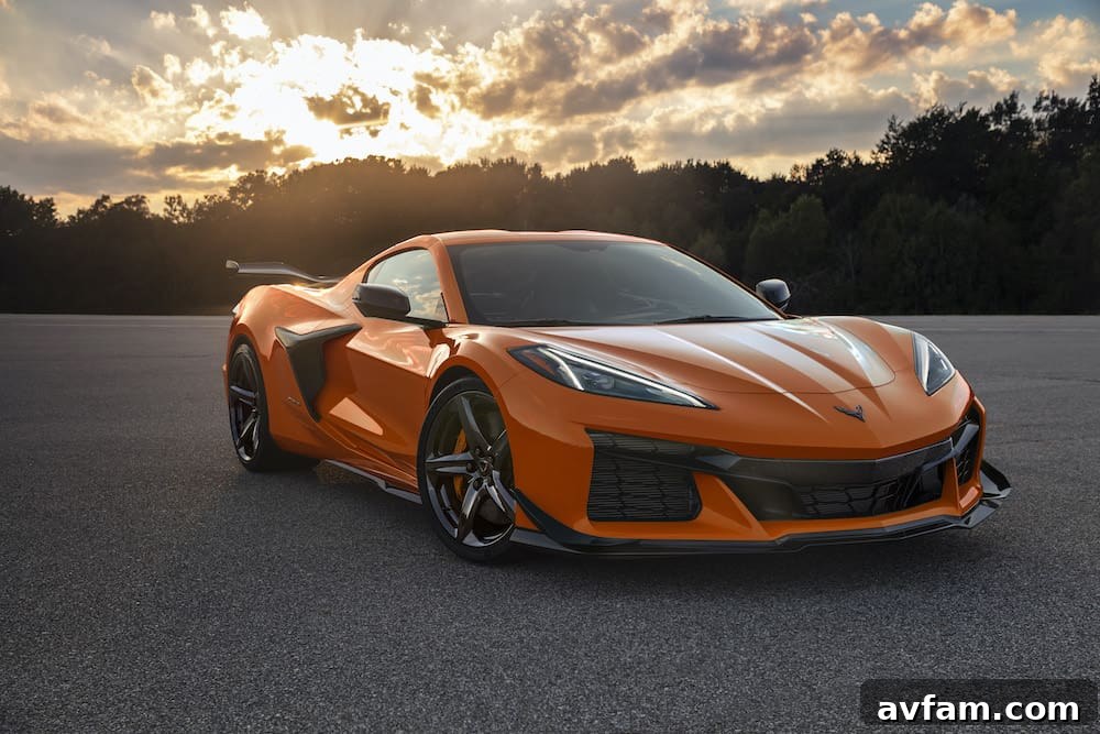 The sleek profile of the 2023 Corvette Z06, highlighting its extended wheel arches and aerodynamic lines.