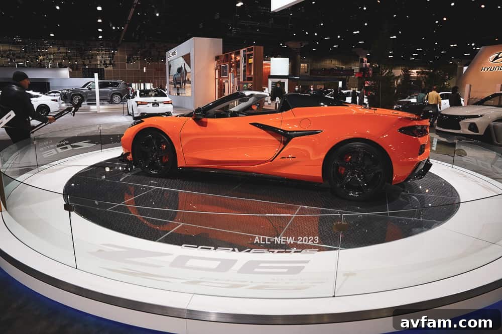 A wider shot of the 2023 Corvette Z06 at the LA Auto Show, highlighting its stage presence.