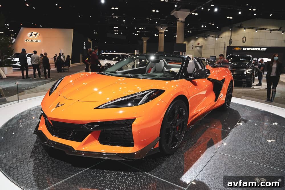 Front three-quarter view of the Z06 on display, capturing its sleek lines and aggressive posture.