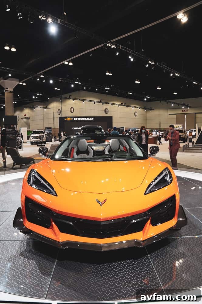 Detail shot of the front wheel and fender of the 2023 Corvette Z06 at the auto show.