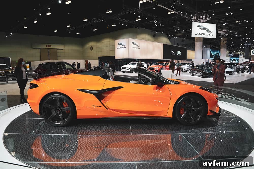 A perspective view of the 2023 Corvette Z06's front-end design.