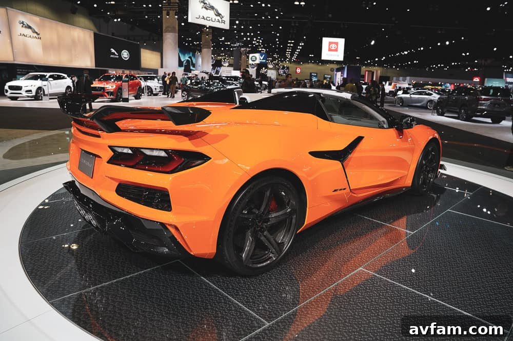 The sleek hood and headlights of the 2023 Corvette Z06 on display.