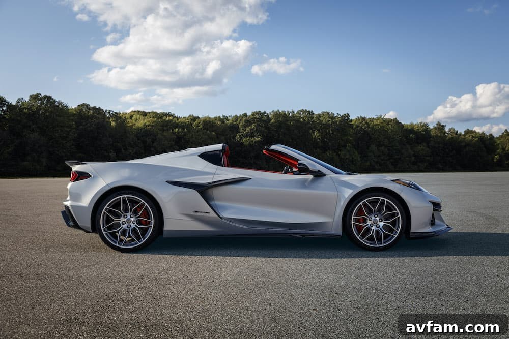 Rear-quarter view of the 2023 Corvette Z06, emphasizing its wide rear tires and quad exhaust tips.
