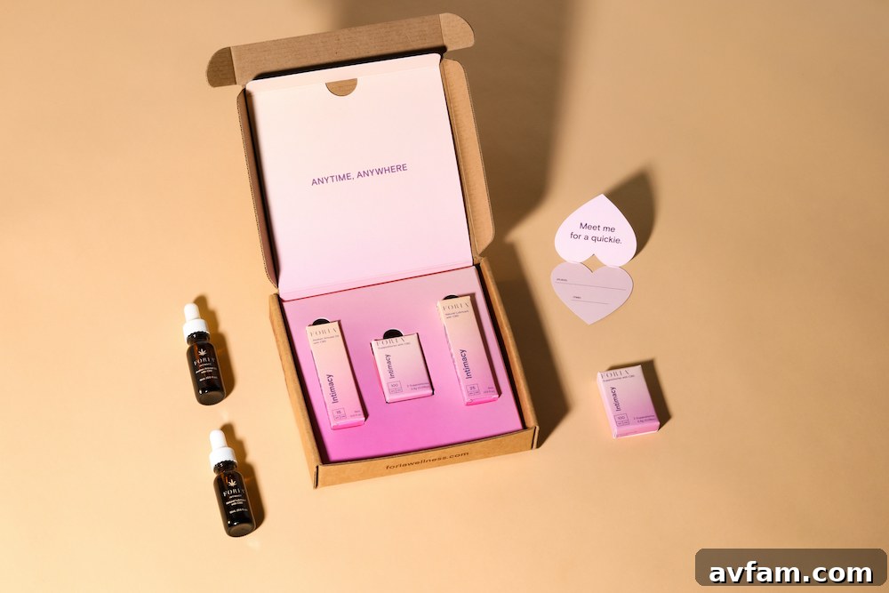 Close-up of elegant Foria CBD intimacy products, showcasing their premium packaging and natural essence.