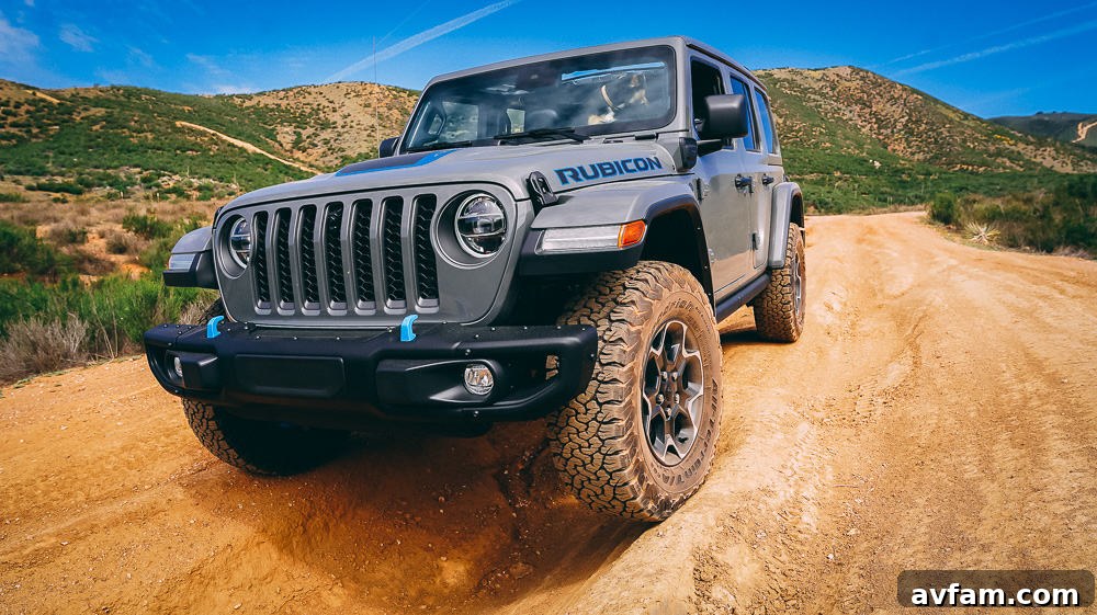 Jeep Wrangler 4XE Silent Trailblazer 21 Overhead view of the Jeep Wrangler 4XE on a winding dirt road.