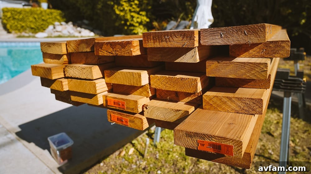 Stack of high-quality Mendocino Redwood lumber, ready for deck construction