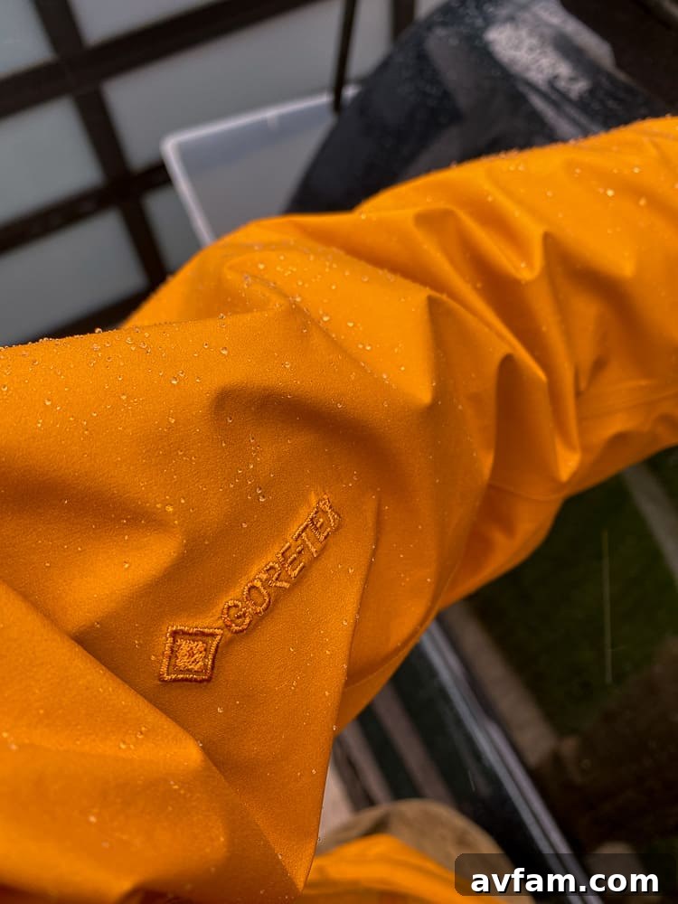 Arc'teryx Beta Hiking in Snow Arc'teryx Beta jacket in active use during a snowy hike or strenuous walk, demonstrating flexibility and comfort.