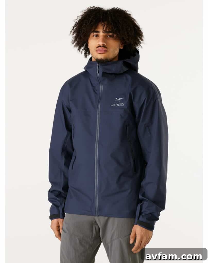 Arc'teryx Beta Detail Close-up of Arc'teryx Beta jacket on user, demonstrating attention to design details and material quality.