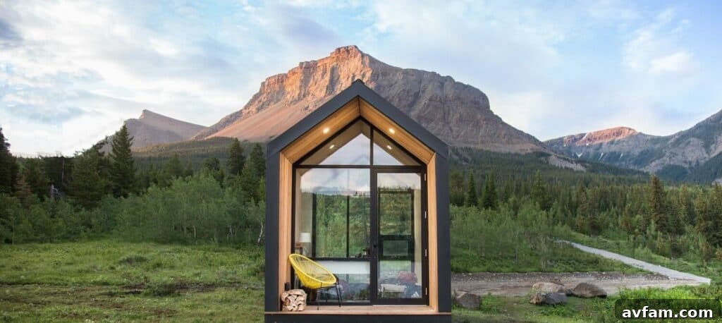 Modern ADU Design Modern prefabricated Accessory Dwelling Unit in a backyard setting, surrounded by lush green lawn and trees, offering a sleek and sustainable living solution.
