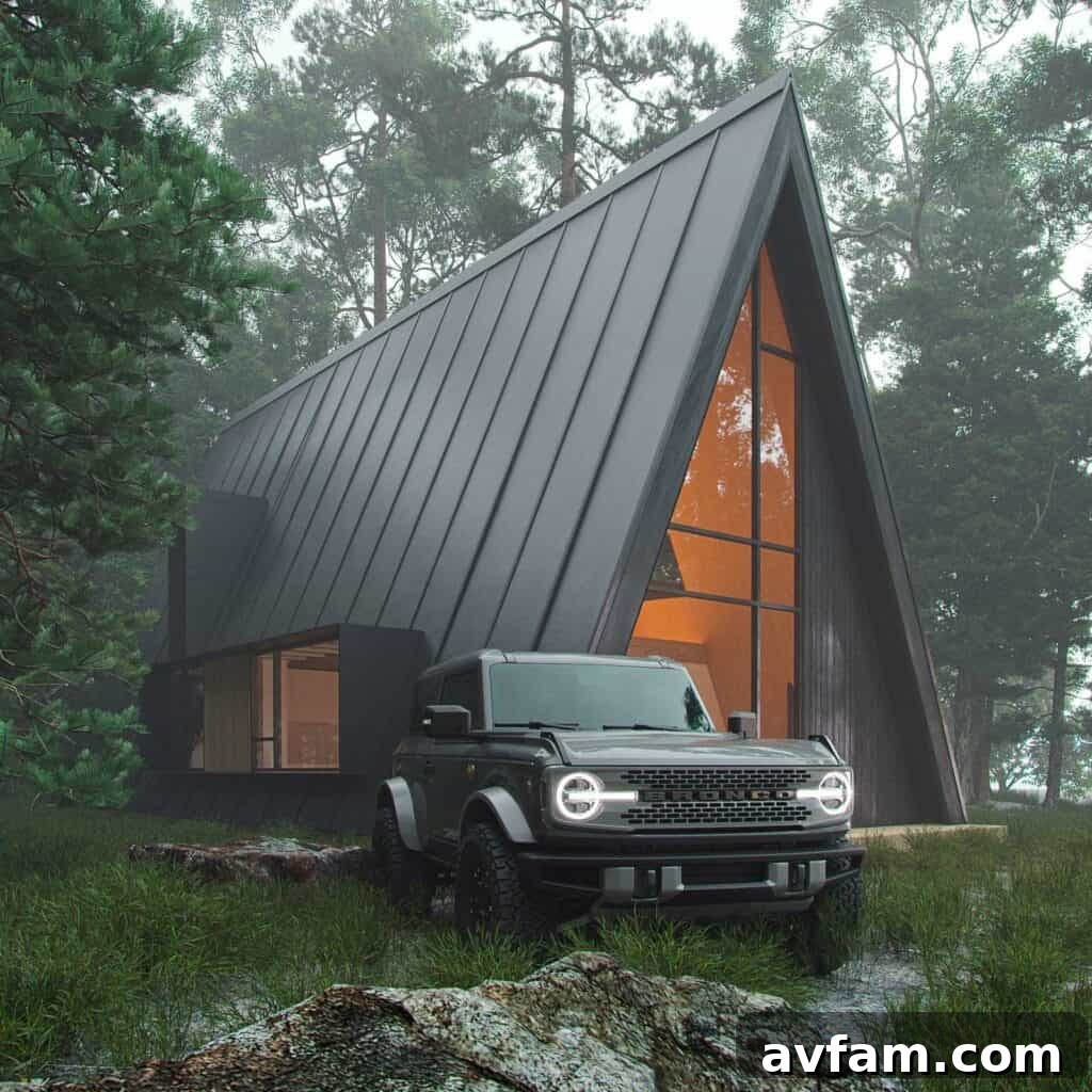 Den Outdoors A-Frame ADU Cozy A-frame style Accessory Dwelling Unit by Den Outdoors, nestled in a natural environment with trees, featuring a large glass facade and a minimalist aesthetic.