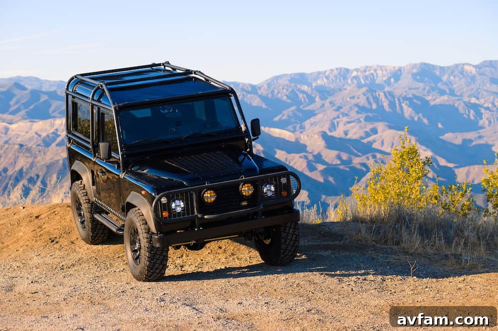Iconic Land Rover Defender 90 Classic Land Rover Defender 90 in black, showcasing its iconic design.