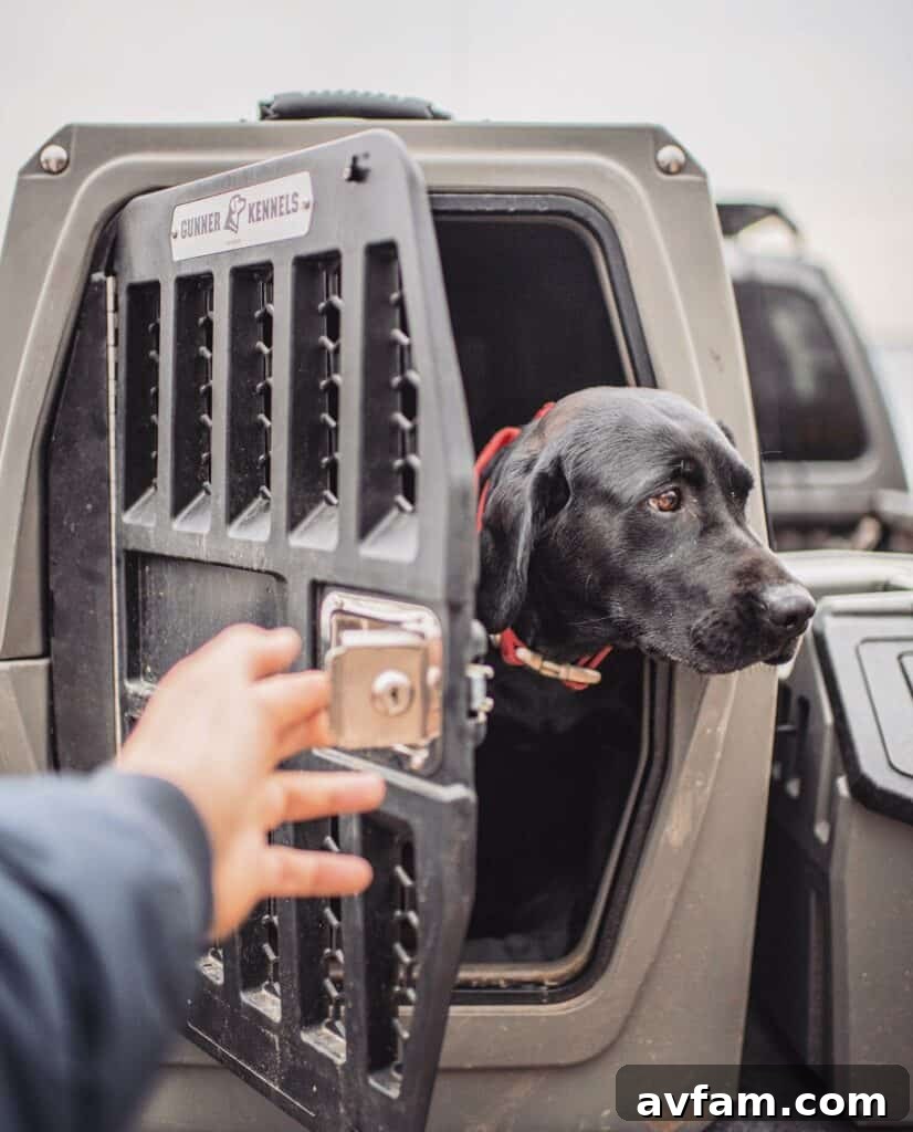 Dog travel safety with Gunner Kennels Large dog safely secured in a Gunner Kennel in the back of a truck, ready for adventure.