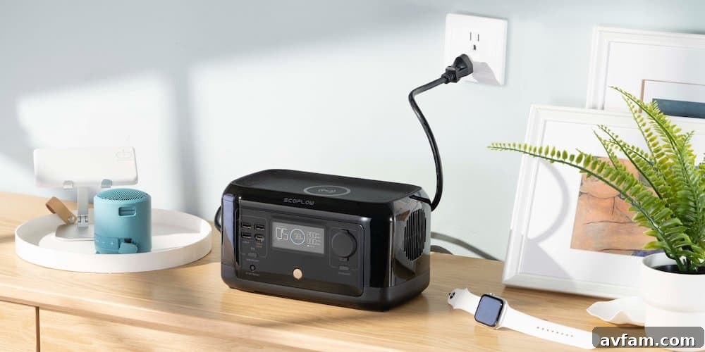 Close-up view of the EcoFlow RIVER mini portable power station showcasing its various input and output ports, including AC, DC, USB, and wireless charging pad.