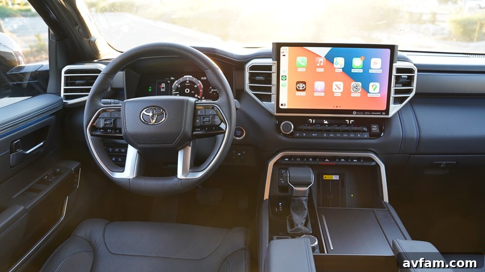 The Tundra's spacious and well-appointed interior cabin, highlighting the dashboard and seating.