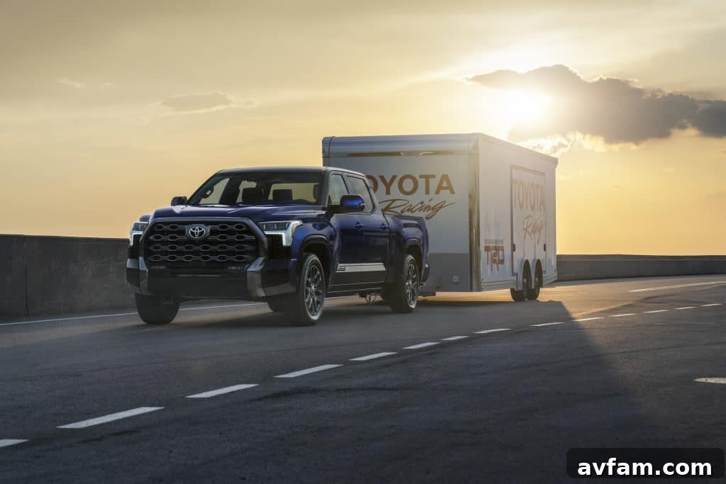 An intricate view of the new twin-turbo V6 engine under the hood of the 2022 Toyota Tundra.