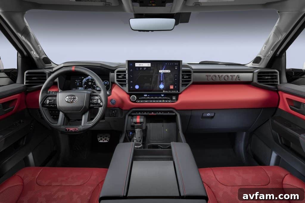 The large 14-inch multimedia touchscreen dominating the center console of the 2022 Toyota Tundra's interior.