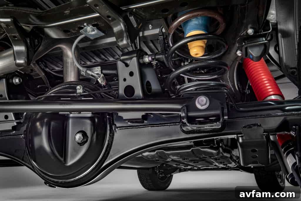 An overhead view of the 2022 Toyota Tundra's new fully boxed frame and underbody components, highlighting its robust construction.