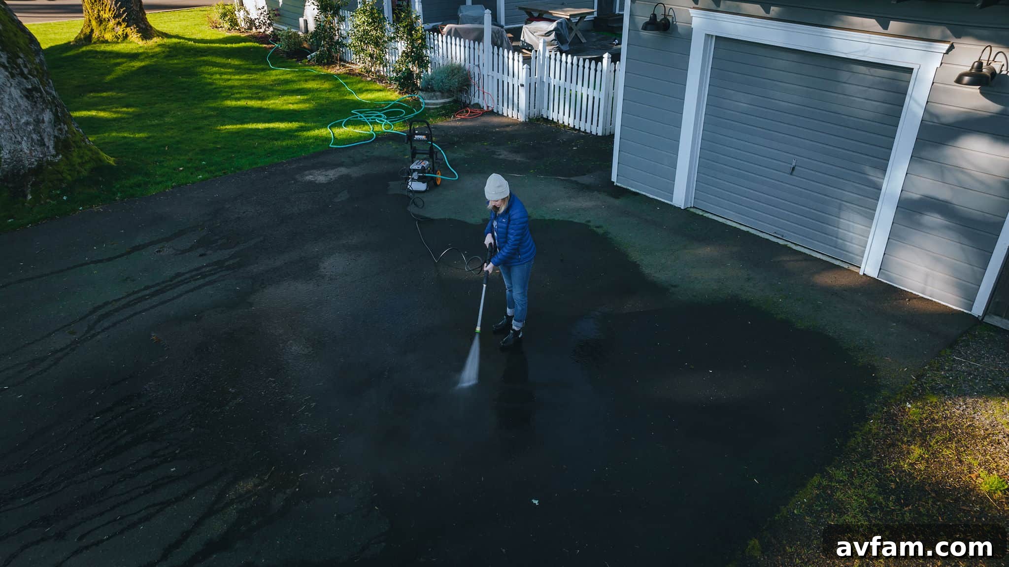 Panoramic view of a clean, freshly pressure-washed concrete surface, showcasing the results of using the Worx unit.