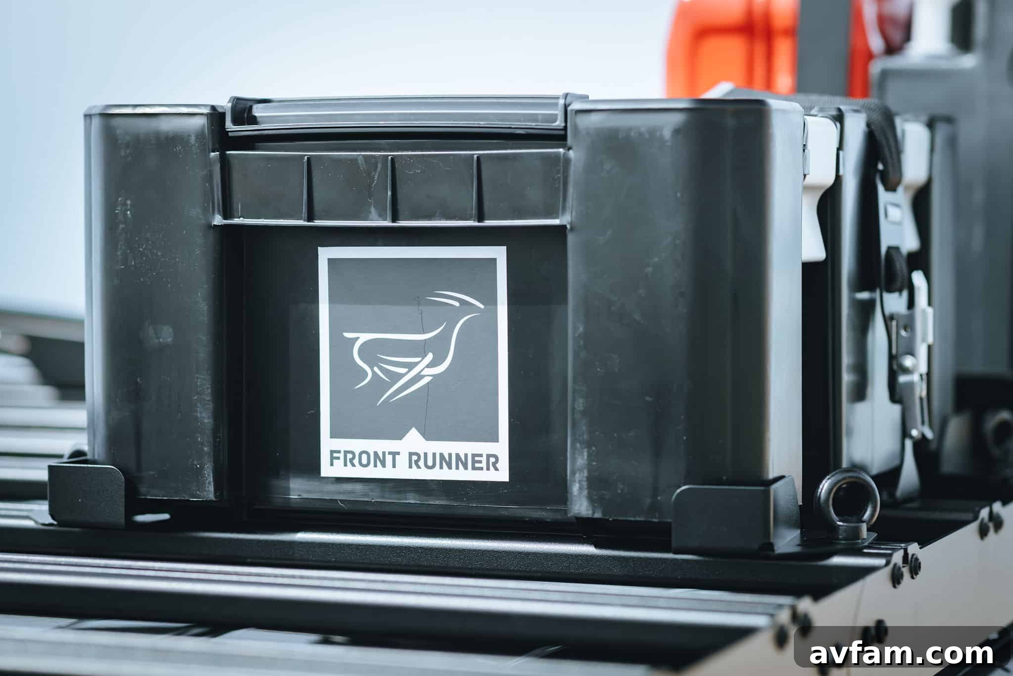 Wolf Pack on Slimsport Front Runner Wolf Pack storage box securely mounted on the Slimsport roof rack