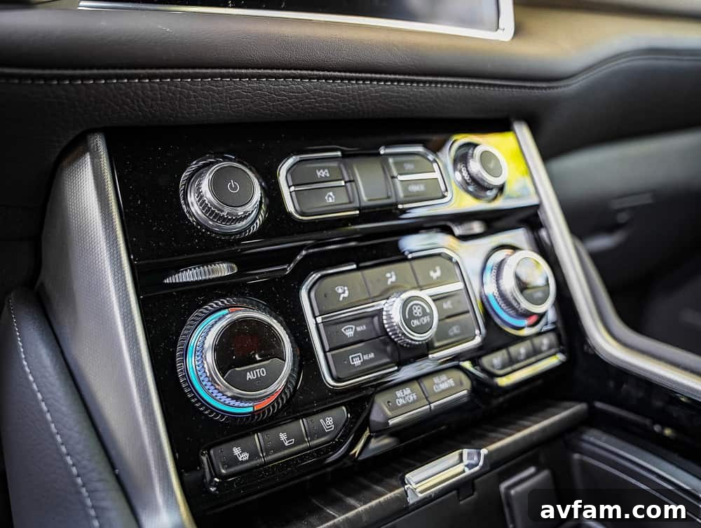 Detailed shot of the GMC Yukon XL Denali's luxurious interior trim and stitching