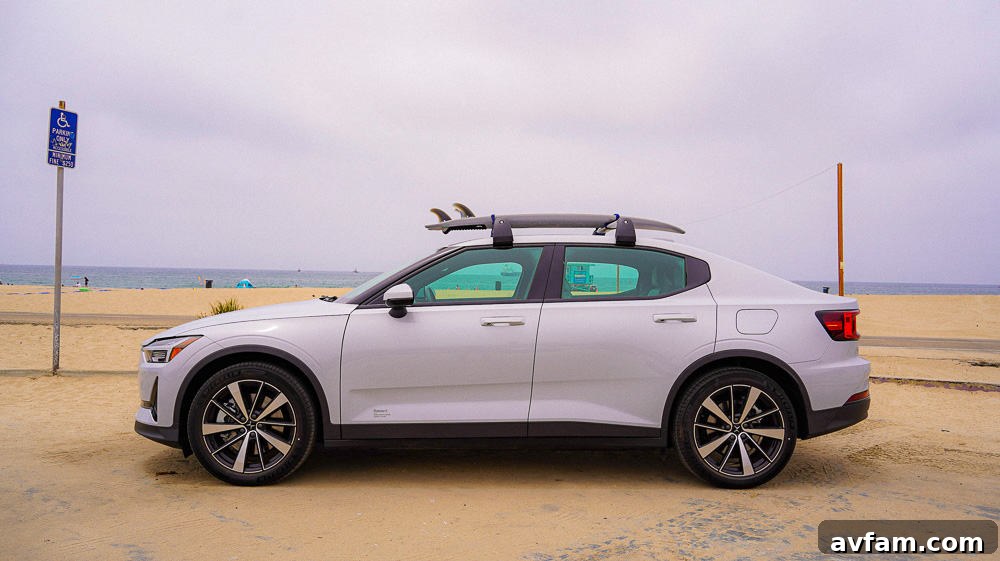 Polestar 2 driving through a residential street in Los Angeles, California