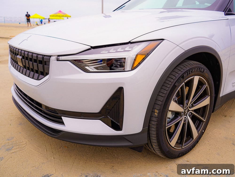 Polestar 2 side profile, emphasizing its fastback roofline