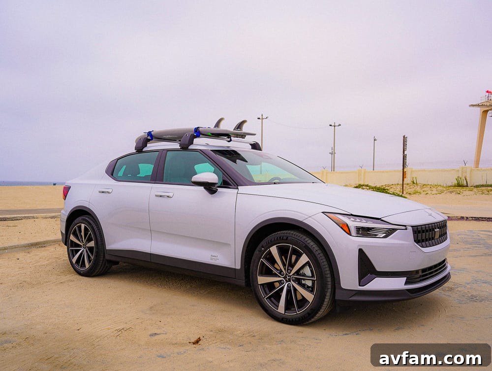 Polestar 2 charging at an Electrify America station, showcasing its sleek design