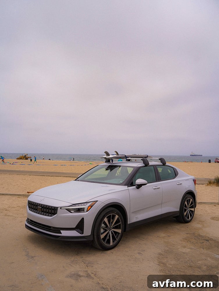 Polestar 2's gear selector and central console, highlighting the modern interior
