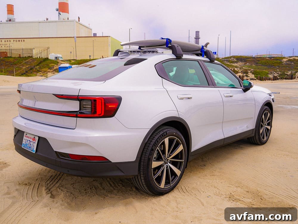 Polestar 2 driving on a road, captured in motion