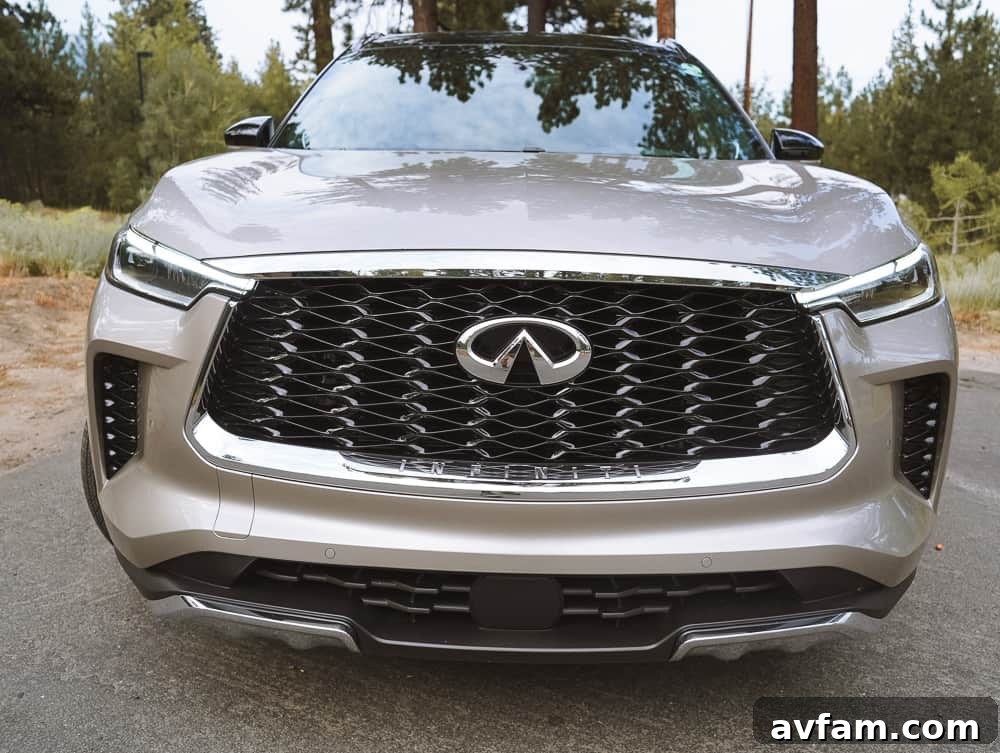 Panoramic view of the Infiniti QX60 interior from the driver's perspective.